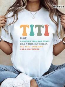 Women's Cotton T-Shirt, "Definition" Print, Retro Colors, Round Neck, Short Sleeve, Casual Bohemian Style, Ideal For Everyday Wear And Teacher's Day Gift - 白色 - 查看 7