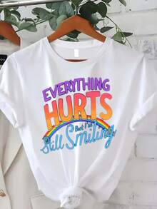 Edición Limitada Talla, [Camiseta con Estampado Trebalena] Camiseta cómoda de corte holgado para mujer con estampado Aunque mi cuerpo duele, aún sonrío Camiseta divertida para mujer - Ropa casual moderna y colorida y regalo% Algodón ligero de manga corta con cuello redondo, top moderno para uso diario,  de verano. - Azul - Ver 7