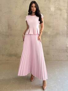 Conjunto elegante de 2 piezas con camisa de mangas cubiertas y dobladillo plisado y minifalda plisada de unicolor para mujer - Rosa vieja - Ver 5