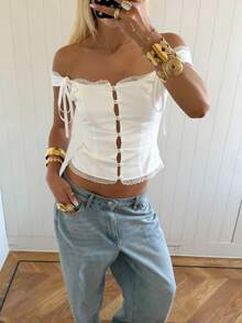 Women's Summer Lace Trim Sleeveless Button Down Tank Top - For Party  Daily Wear - White - View 4