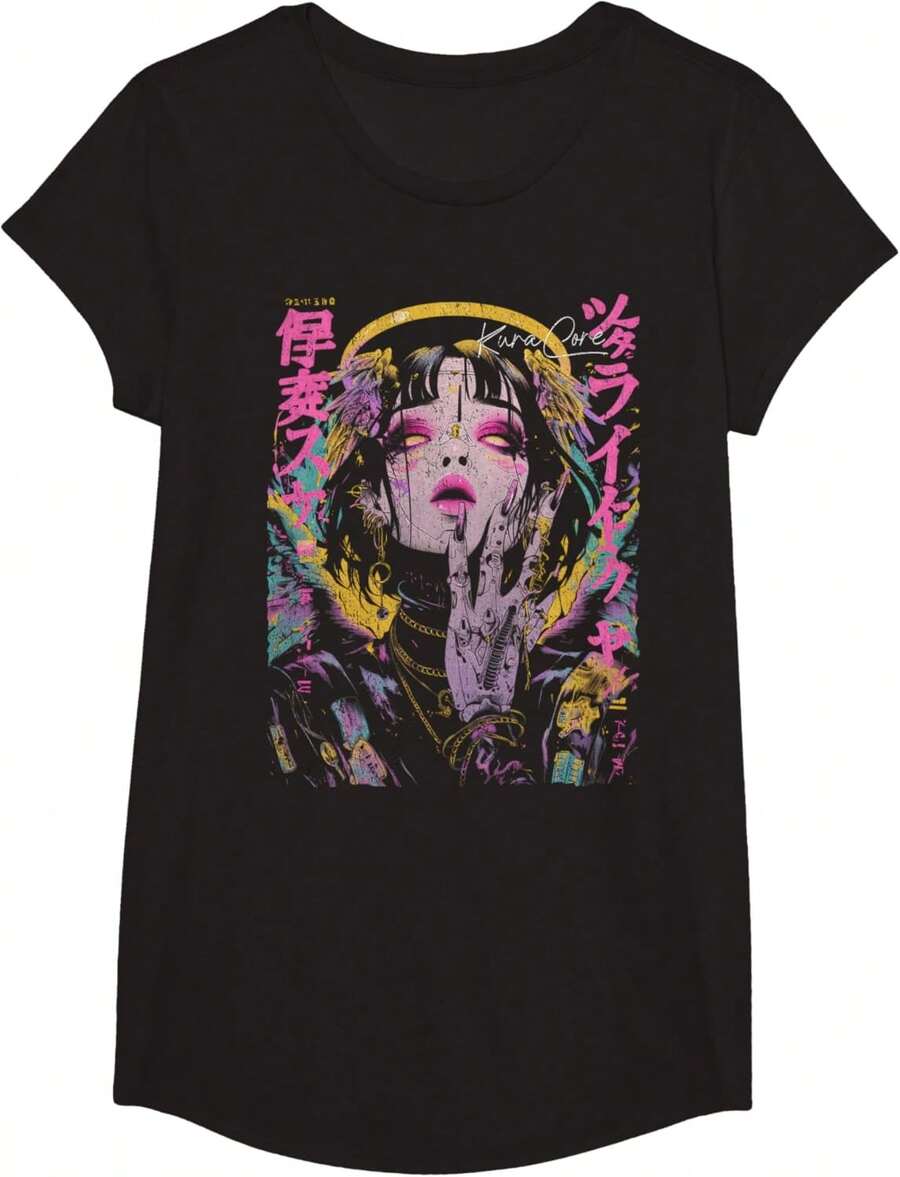 Camiseta de anime de manga con diseño de ángel Cyberpunk Y2K Techwear - Negro - Ver 1