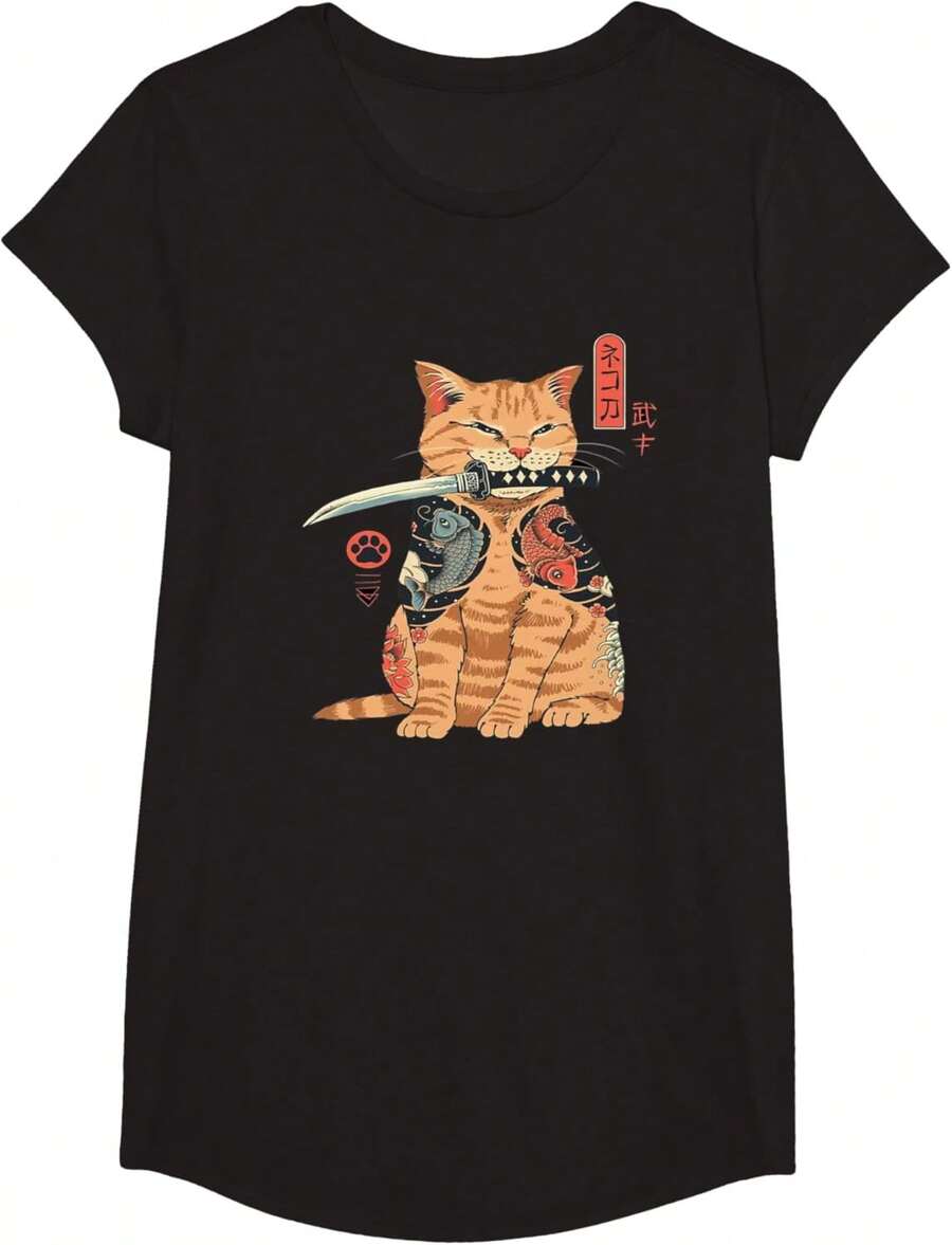 Alexamerch Cats Japanese T-Shirt With Kawaii Tattoo Graphic, Samurai Cat, For Kids, Anime Fans, Casual Wear Lovers, Unisex, Black, Size S, Short Sleeve, Classic Fit, Cotton, Polyester - 黑色 - 查看 1