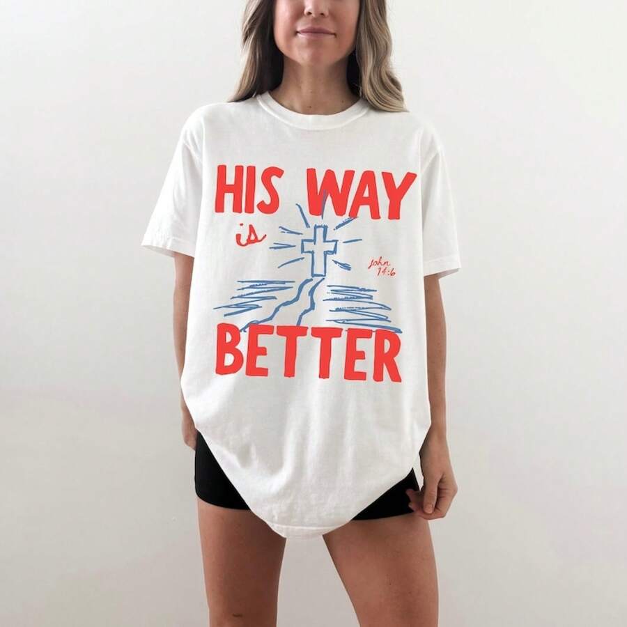 Nueva Colección 2026: Camiseta de Algodón Su Vía Mejor, Camiseta Cristiana, Colores Cómodos ® Camiseta gráfica de verano, ropa con versículos bíblicos - Blanco - Ver 1