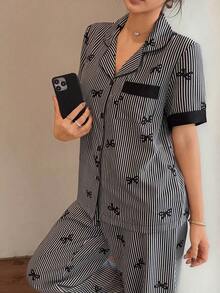 Napfluff Pyjama Set With Short Sleeve Top With Red Button And Striped Pants With Contrasting Color Bow; Pink Striped Pyjama Set With Printed Bow, Suitable For Home Use - Black - View 5