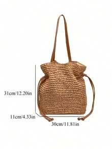 This Solid Color Crochet Woven Tote Bag Features A Drawstring PU Shoulder Strap, Making It A Perfect Choice For Beach Vacations, Weekend Outings, And Casual Daily Use. - Khaki - View 4