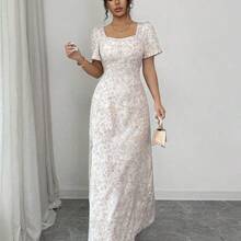 Nana's Women's Clothing Store  Raffinéa Nuevo vestido elegante con estampado y cuello cuadrado - Caqui - Ver 8