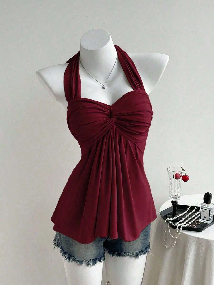 Camiseta de tirantes con cuello halter y espalda retorcida en color amarillo crema, para primavera/verano - Rojo - Ver 1