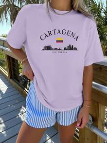 Blusa casual para mujer, camiseta de manga corta con cuello redondo, 100% algodón, lavable a máquina, fácil cuidado, diseño casual con estampado de letras, silueta de la ciudad de Cartagena y insignia de la bandera, nueva colección de verano 2026 para uso diario y viajes, camisas de algodón para mujer. - Albaricoque - Ver 8