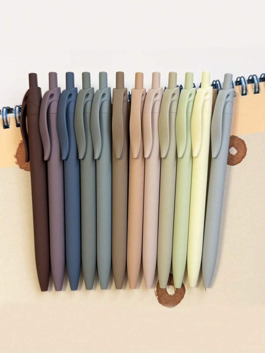 12 PCS Earthy Tone Ballpoint Pens For Note Taking, Ball Pens Black Ink, Retractable Cute Pen Fine Point 0.5mm For Journaling, Back To School - Multicolor - View 1