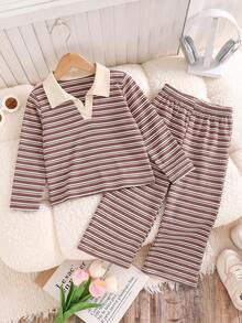 2pcs Girls Casual Striped Collar Long Sleeve Top And Pants Set, Spring/Summer/Autumn - Coffee Brown - View 3