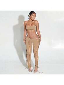 Elegante conjunto de top corto de manga corta con cuello redondo y pantalón con cordones laterales para mujer, perfecto para un look casual chic. - Caqui - Ver 5