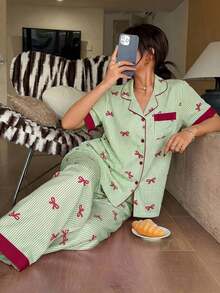Napfluff Pyjama Set With Short Sleeve Top With Red Button And Striped Pants With Contrasting Color Bow; Pink Striped Pyjama Set With Printed Bow, Suitable For Home Use - Grey - View 3