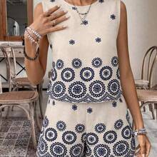 Soqi Women's Clothing  Holidaya Vestido estampado sin mangas de cuello redondo de tela tipo lino para vacaciones - Albaricoque - Ver 4