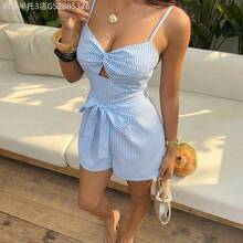 Yunuo Menswear  Mono de tirantes finos sexy y elegante con rayas azules, nudo hueco y lazo en la cintura, adecuado para verano, playa y vacaciones - Azul - Ver 6
