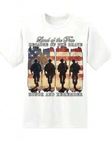 1 pieza Camiseta con la bandera estadounidense para hombres y mujeres, con el lema "Tierra de los Libres Gracias al Honor de los Valientes y la Memoria de los Veteranos Militares", para celebrar el Día de la Independencia Patriótica, el Día de los Héroes y el 4 de Julio, 220g/180g, 100% Algodón. - Blanco - Ver 3