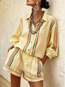 Conjunto de camiseta y pantalón corto estilo vacacional direccional BK260106022 - Amarillo brillante - Ver 4