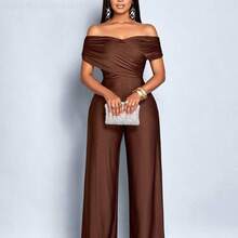 Fengyu Women's Clothing Store  Monos elegantes de mujer de unicolor con cruce y fruncido en los hombros descubiertos - Negro - Ver 8