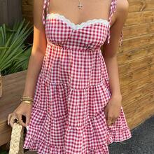 YijiaNvz  Vestido de mujer retro francés de cuadros rojos con tirantes finos, nuevo diseño de primavera temprana con encaje, favorecedora, versátil, dulce y elegante con capas - Café integral - Ver 5