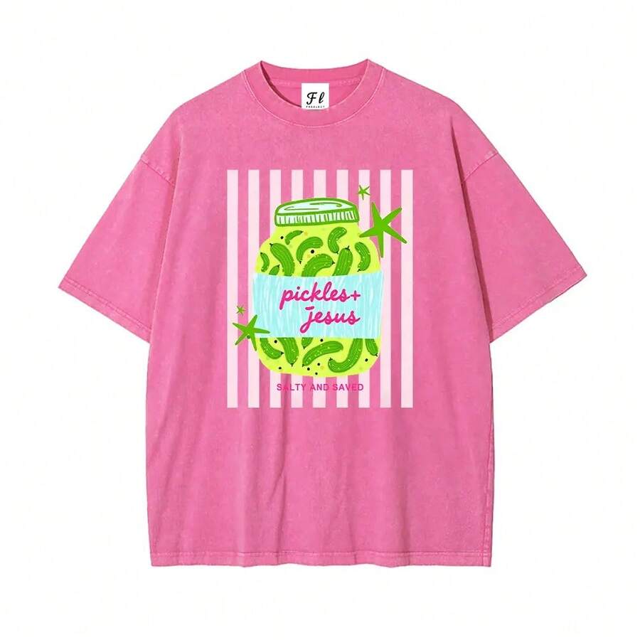 Camiseta con Estampado Gráfico de Encurtidos y Jesús - Camiseta Cristiana "Salty and Saved", Regalo para Amantes de la Fe y los Encurtidos, Camiseta de Humor Religioso - Rosa - Ver 1
