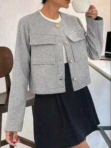 Chaqueta elegante y casual con estampado de dragón y fénix para mujer, de cuello redondo, unicolor, manga larga, minimalista y de moda para otoño/invierno en color negro - Gris - Ver 2