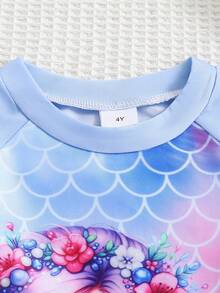 Young Girl Long Sleeve Rash Guard Swimwear Set, Featuring Raglan Sleeve Design For Swimming Pool Or Water Park Activities, Stylish And Provides Basic Water Sports Protection. - Baby Blue - View 5