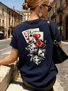 Camiseta con Estampado de Naipes y Dados, Estilo de Casino y Poker, Ropa Urbana, Estilo Tatuaje Clásico, Manga Corta Casual, Y2K Grunge Hip Hop - Azul Marino - Ver 5