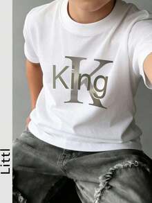 Short-Sleeved T-Shirt With Round Neck And "King" Print In Urban Style For Children - 軍綠色 - 查看 7