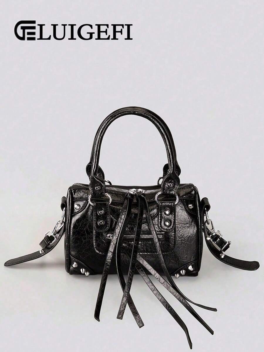 1pc Black Patchwork Rivet Studded Metal Tassel Zipper Decor PU Material Adjustable Long Shoulder Strap Square Handbag, Women Crossbody Bag - Black - View 1