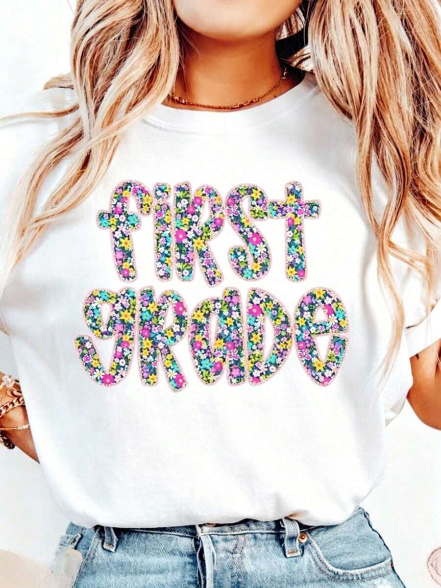 Camiseta de Algodón para Maestros de Primaria, Camiseta para Maestros de 1er Grado, Regalos para Maestros de Primaria, Camisetas Escolares, Camiseta de Algodón Grueso de Manga Corta, Estilo Clásico, con Estampado Gráfico, Casual para Mujer - Blanco - Ver 1