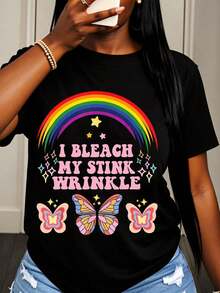 Camiseta con Gráfico de Mariposa Arcoíris "I Bleach My Stink Wrinkle" para Mujer, Divertida y Humorística, Diseño Colorido y Bonito, Perfecta para Ropa Casual, Fiestas o Festivales - Negro - Ver 1