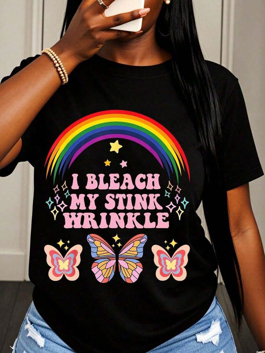 Camiseta con Gráfico de Mariposa Arcoíris "I Bleach My Stink Wrinkle" para Mujer, Divertida y Humorística, Diseño Colorido y Bonito, Perfecta para Ropa Casual, Fiestas o Festivales - Negro - Ver 1