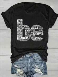 1 pieza de camiseta de mujer para uso diario casual con estampado de silueta de ratón y palabras positivas, camiseta casual adecuada para el ocio diario, 180g, 100% algodón. - Negro - Ver 5