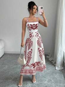 Vestido de tirantes de verano para mujer con estampado posicional y corte evasé - Azul y blanco - Ver 8