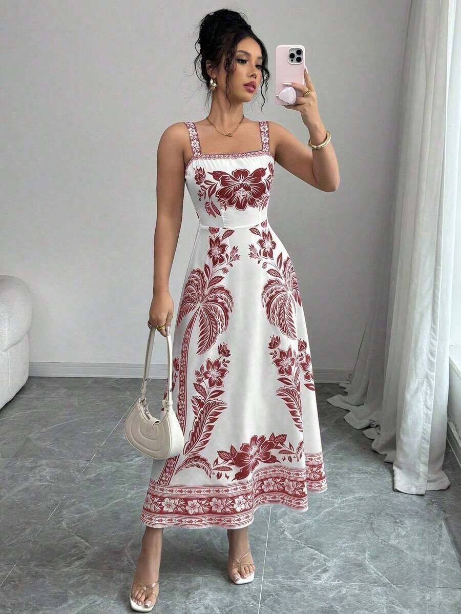 Vestido de tirantes de verano para mujer con estampado posicional y corte evasé - Burdeos - Ver 1