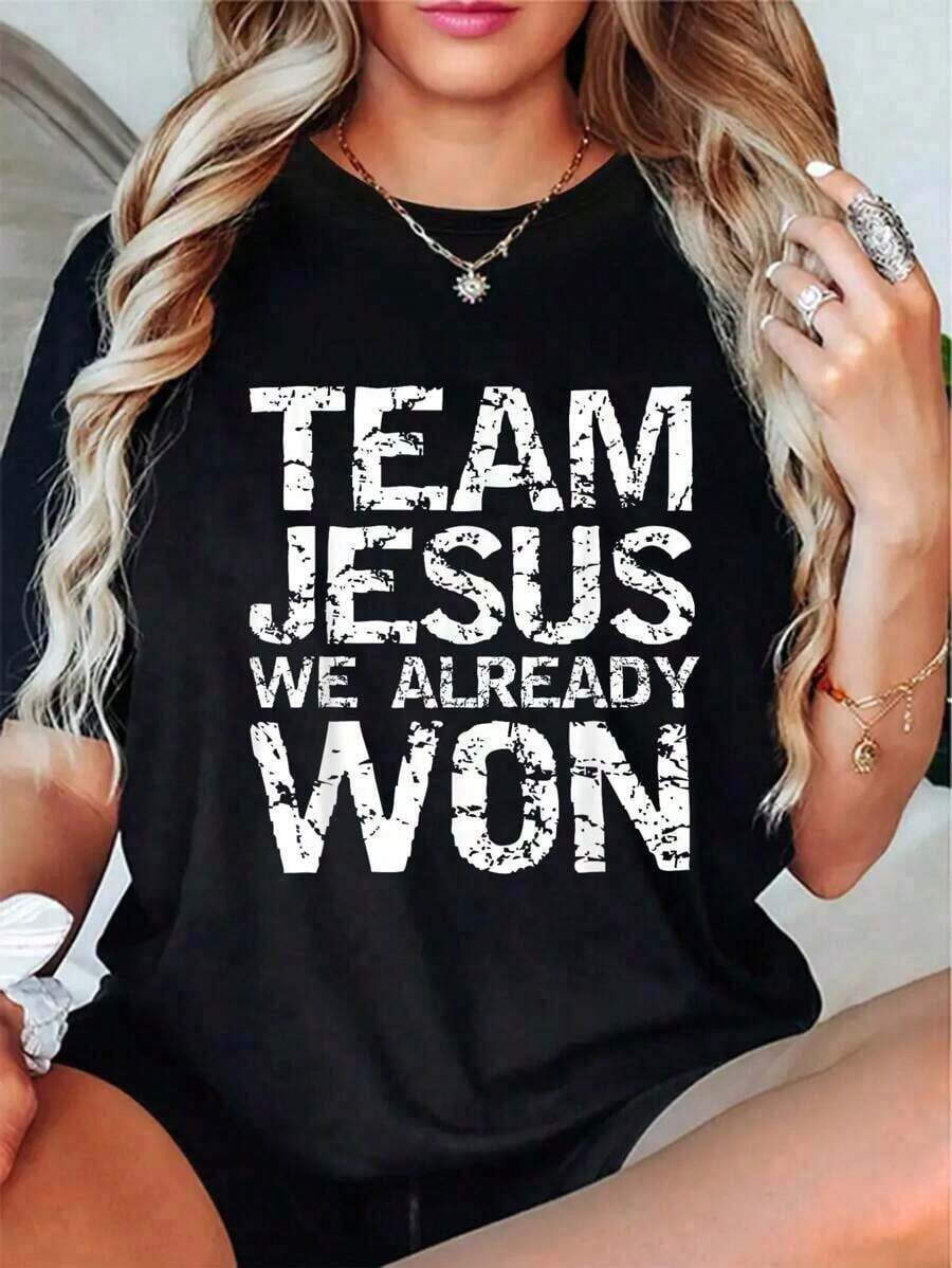 1 pieza de camiseta cristiana a juego 100% algodón para hombre, con la frase "Team Jesus We Already Won", 180g de algodón 100%. - Negro - Ver 1