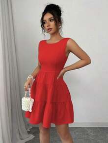 Vestido de mujer unicolor con cuello redondo, sin mangas, con cintura ajustada, decoración de lazo y falda de patinadora - Rojo - Ver 4