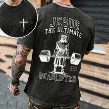 Vintage Acid Effect T-Shirt Of Jesus The Ultimate Deadlifter | Oversized Christian Gym T-Shirt, Christian Gym Meme T-Shirt Of Jesus Lifting Weights | Oversized Retro Workout Faith T-Shirt For Men - 黑色 - 查看 2