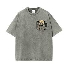 Camiseta Vintage con Estampado de Esqueleto y Bolsillo, Lavado Ácido |   Camiseta con Gráfico de Calavera Divertida, Camiseta Retro con Meme de Esqueleto en el Bolsillo |   Top Oversized con Diseño de Calavera Atrevida - Gris - Ver 1