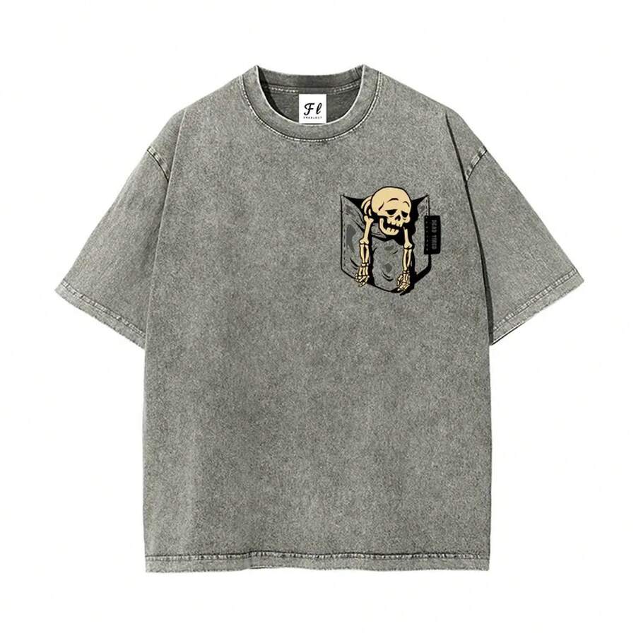 Camiseta Vintage con Estampado de Esqueleto y Bolsillo, Lavado Ácido | Camiseta con Gráfico de Calavera Divertida, Camiseta Retro con Meme de Esqueleto en el Bolsillo | Top Oversized con Diseño de Calavera Atrevida - Gris - Ver 1