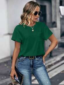 Camiseta de cuello redondo de manga corta de unicolor para mujer de moda - Verde Oscuro - Ver 7