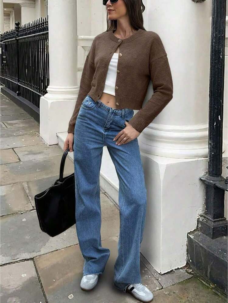 Nuevo suéter de punto de mujer de moda casual de primavera/verano con contraste de rayas blancas y negras, cuello redondo con botones metálicos delanteros, parte superior ajustada versátil adecuada para el viaje diario, salida, ocio, ceremonia de graduación y otras ocasiones - caqui floral - Añade 4
