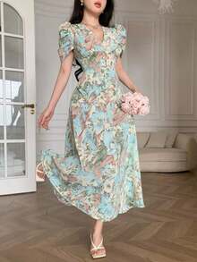 Vestido de mujer de ajuste ceñido con cuello cruzado, botones de perlas y mangas abullonadas - Multicolor 2 - Ver 3