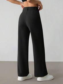 Pantalones rectos casuales de mujer de unicolor con cinturón - Negro - Ver 3