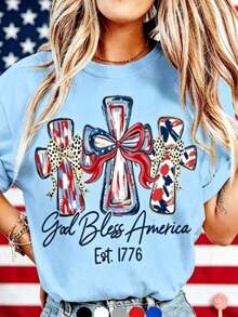 Graphic Tees For The Celebration Of America's 250th Anniversary, Crew Neck T-Shirt, T-Shirt With The Phrase "God Bless America", Gift T-Shirt For The 250th Anniversary Of The USA, Unisex T-Shirt For Independence Day, July 4th, Casual Style, Crew Neck, Regular Fit, 100% Cotton, T-Shirt With 1776 Design, Commemorative T-Shirt For Patriotic Independence Day. - 藍色 - 查看 6