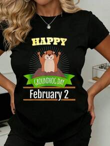 Feliz Día de la Marmota 2 de febrero Camiseta de Celebración de la Marmota Adecuada para Uso Casual y Deportivo - Negro - Ver 1