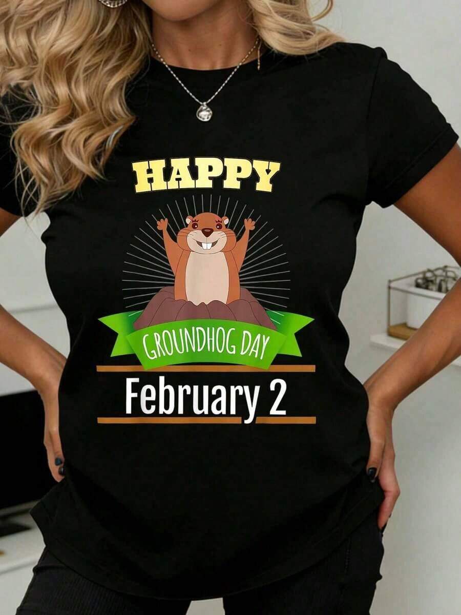 Feliz Día de la Marmota 2 de febrero Camiseta de Celebración de la Marmota Adecuada para Uso Casual y Deportivo - Negro - Ver 1