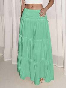 Falda larga con estampado floral y volantes, estilo versátil para vacaciones - verde menta - Ver 5