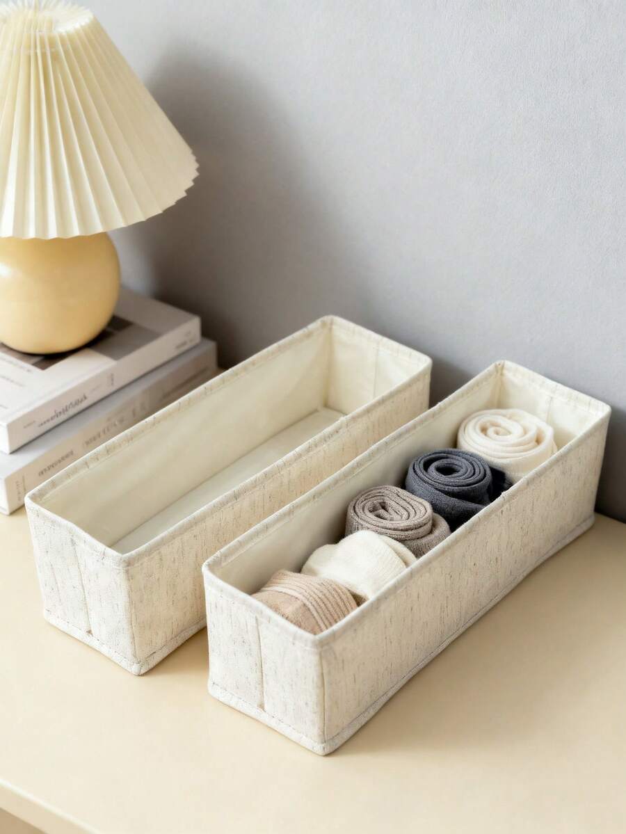 1 pieza/2 piezas Caja de almacenamiento de calcetines de lino, Caja organizadora de cajón plegable, Caja organizadora de calcetines y ropa interior, Caja de almacenamiento con divisor de cajón, Caja de almacenamiento de tela
