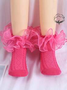 1 Pair Cotton Baby/Girls' Mesh Lace Trim Socks, Dance Short Socks - Hot Pink - View 12