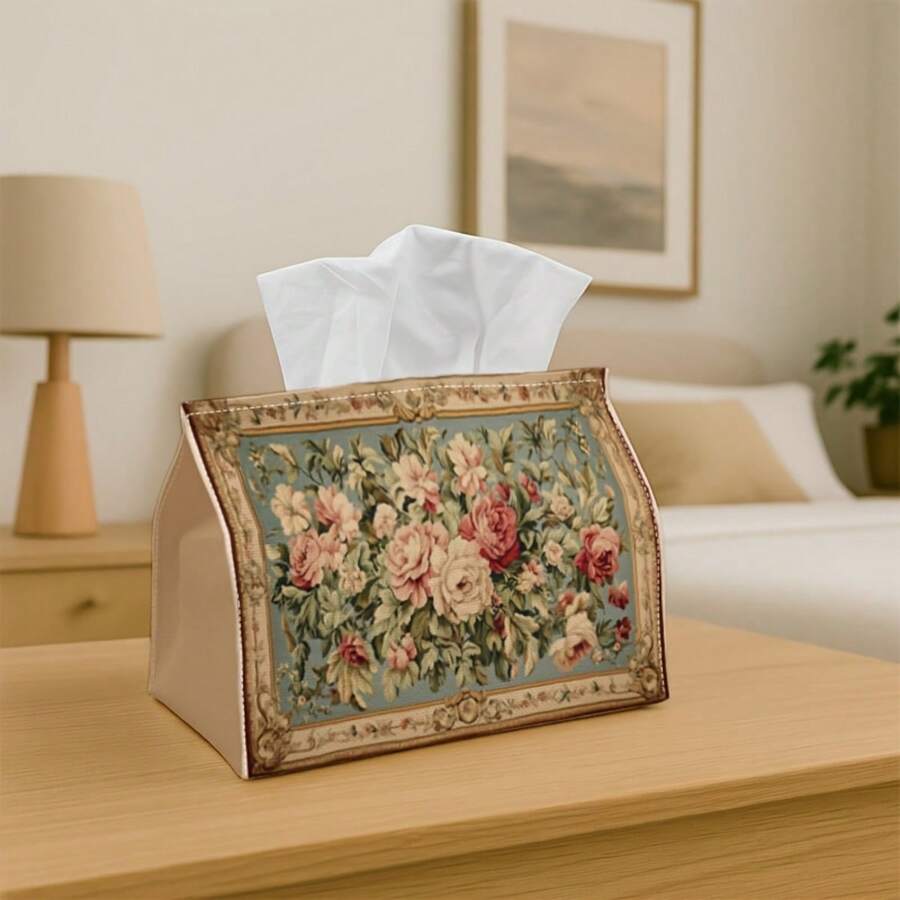 1pc Luxury Retro Floral Frame Tissue Box, Soft Polyester Material Creative Desktop Tissue Holder, Practical Tissue Box For Home, Wedding, Party, Dining Table, Car Decor, Minimalist Design